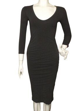 JAMES PERSE Midi Dress, 2/M, Gray Jersey, Ruched side, 3/4 sleeves, Scoop neck